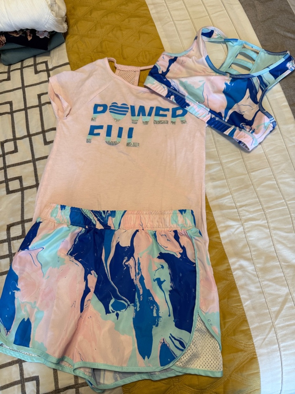 Ideology Pink & Blue 'Powerful' Tee with Marble Shorts and Matching Sports Bra